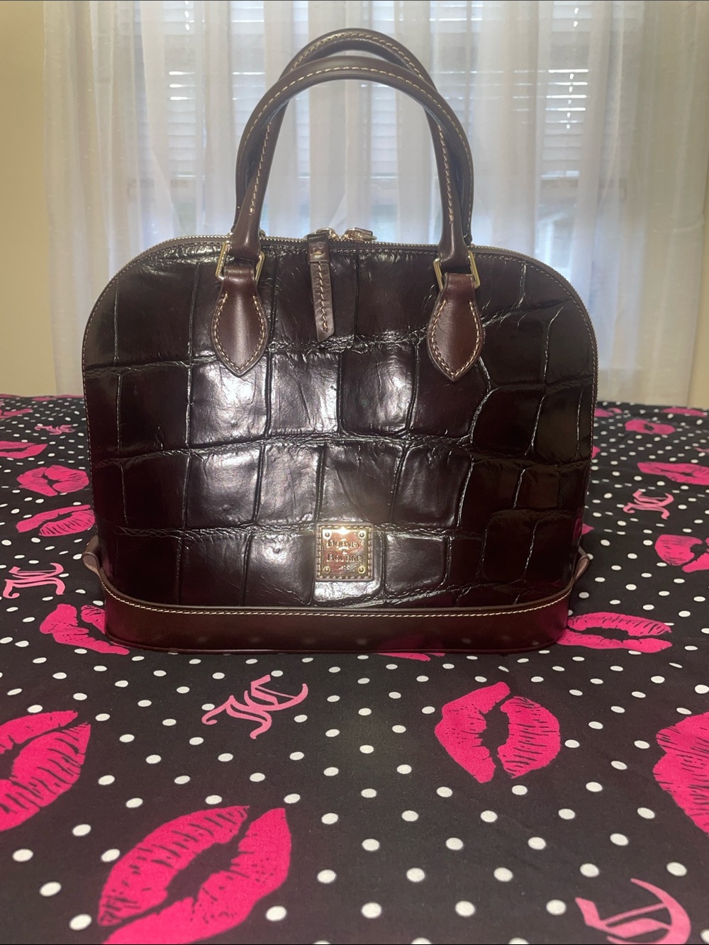Dooney & Bourke Dark Brown Croc-Embossed Leather Satchel with Gold Hardware